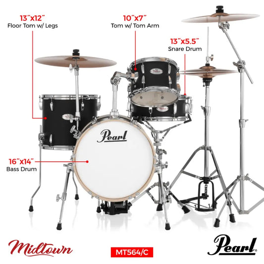 Pearl Midtown 4pc Drum Set Matte Asphalt Black w/Hardware & Bags - Drum Center Of Portsmouth
