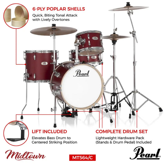 Pearl Midtown 4pc Drum Set Matte Red w/Hardware & Bags - Drum Center Of Portsmouth