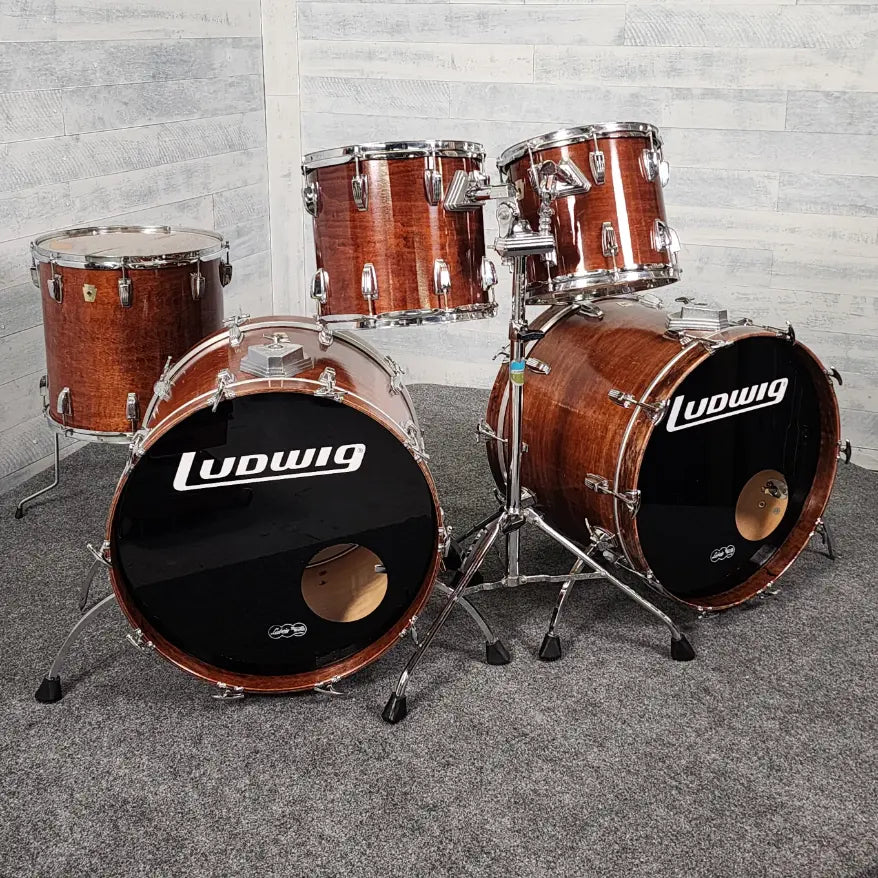 Used Vintage Ludwig 5pc Drum Set Mahogany Stain w/Double Tom Stand - Fair - Drum Center Of Portsmouth