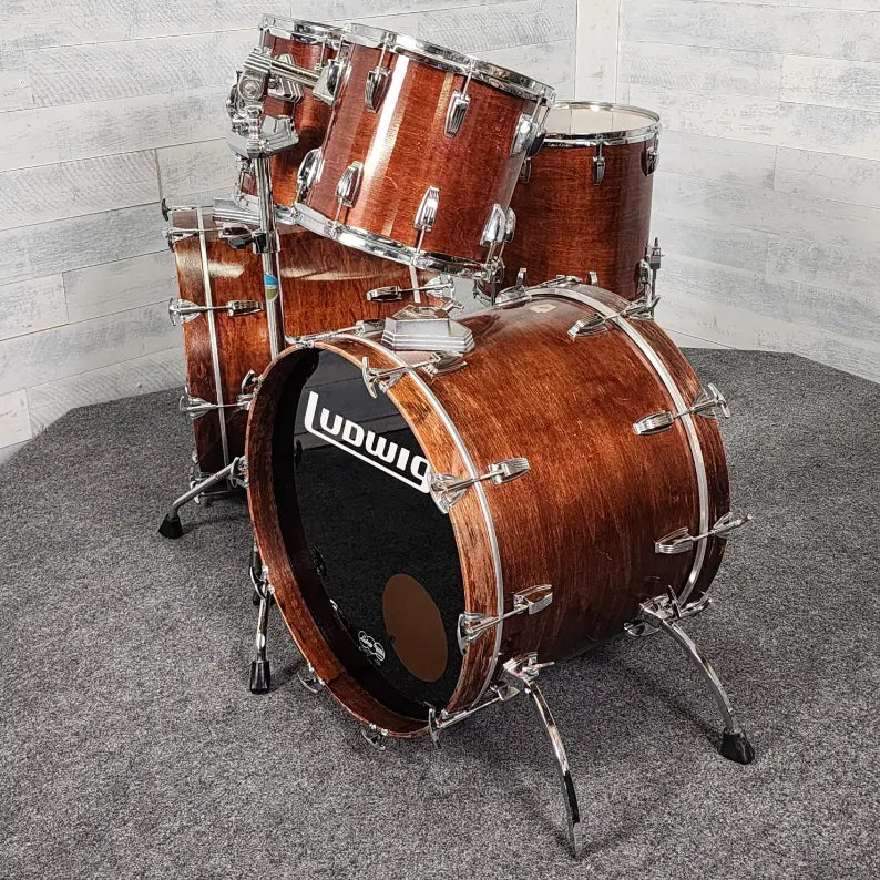 Used Vintage Ludwig 5pc Drum Set Mahogany Stain w/Double Tom Stand - Fair - Drum Center Of Portsmouth