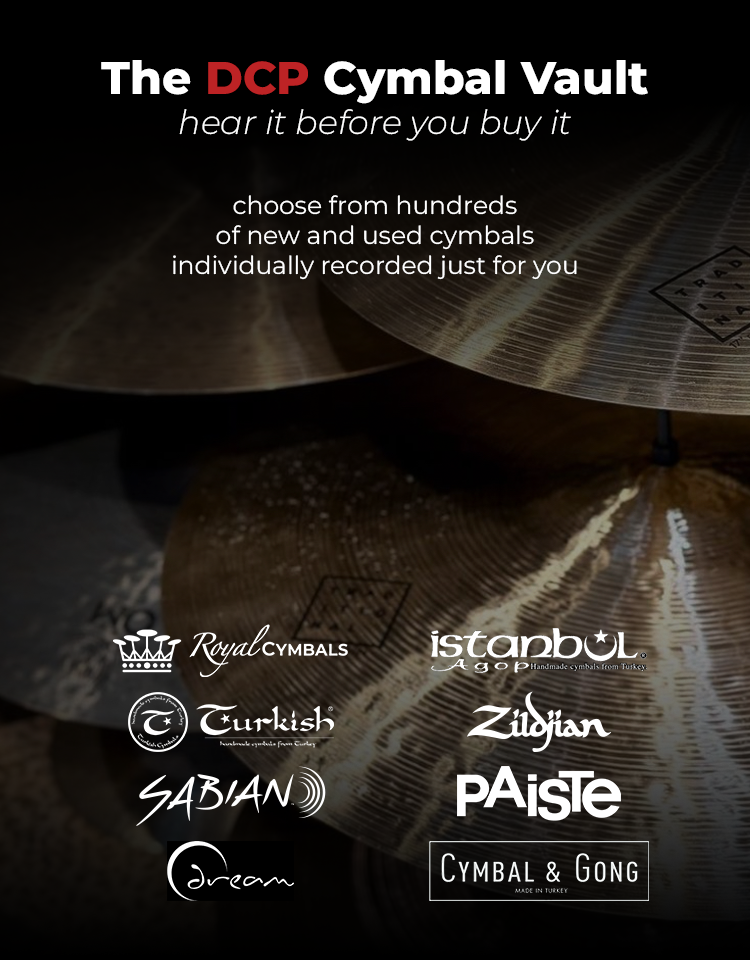 Promotional image for The DCP Cymbal Vault, featuring cymbals and logos of major cymbal brands, advertising individually recorded new and used cymbals.
