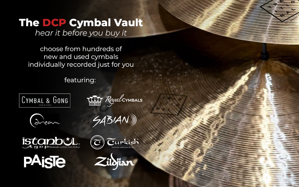 Close-up of stacked cymbals with text promoting the DCP Cymbal Vault, listing cymbal brands and inviting users to hear cymbals before purchase.