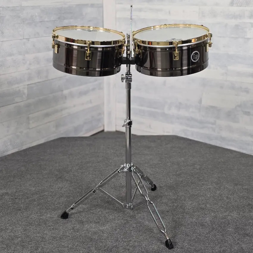 Used LP Latin Percussion Matador 14/15 Brush Nickel Timbale Set with Stand - Very Good - Drum Center Of Portsmouth