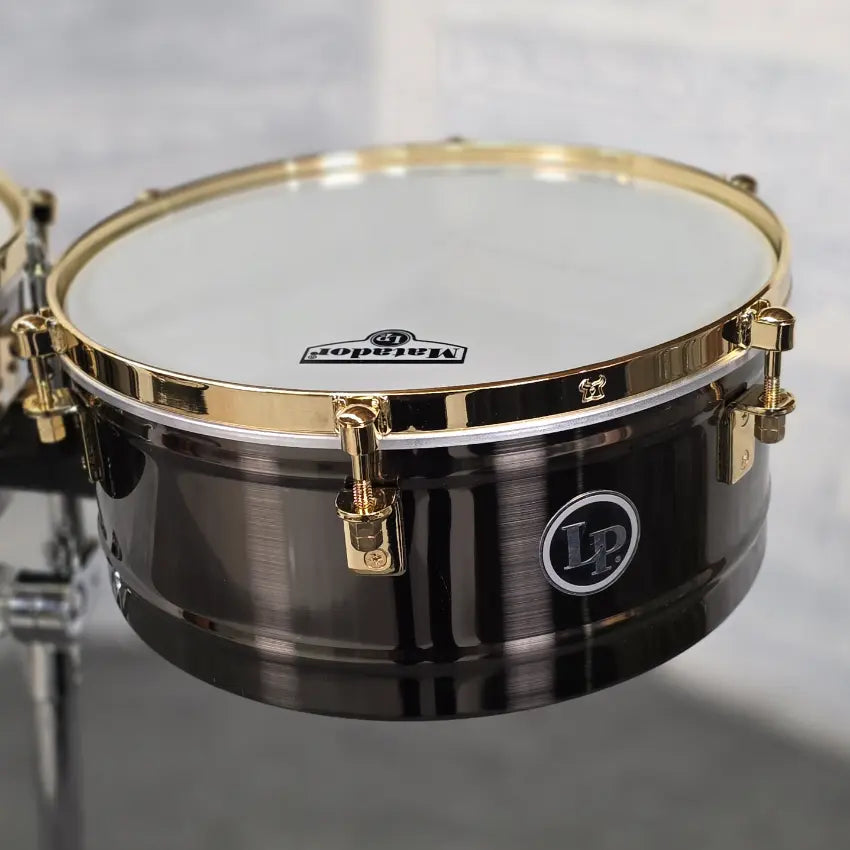 Used LP Latin Percussion Matador 14/15 Brush Nickel Timbale Set with Stand - Very Good - Drum Center Of Portsmouth