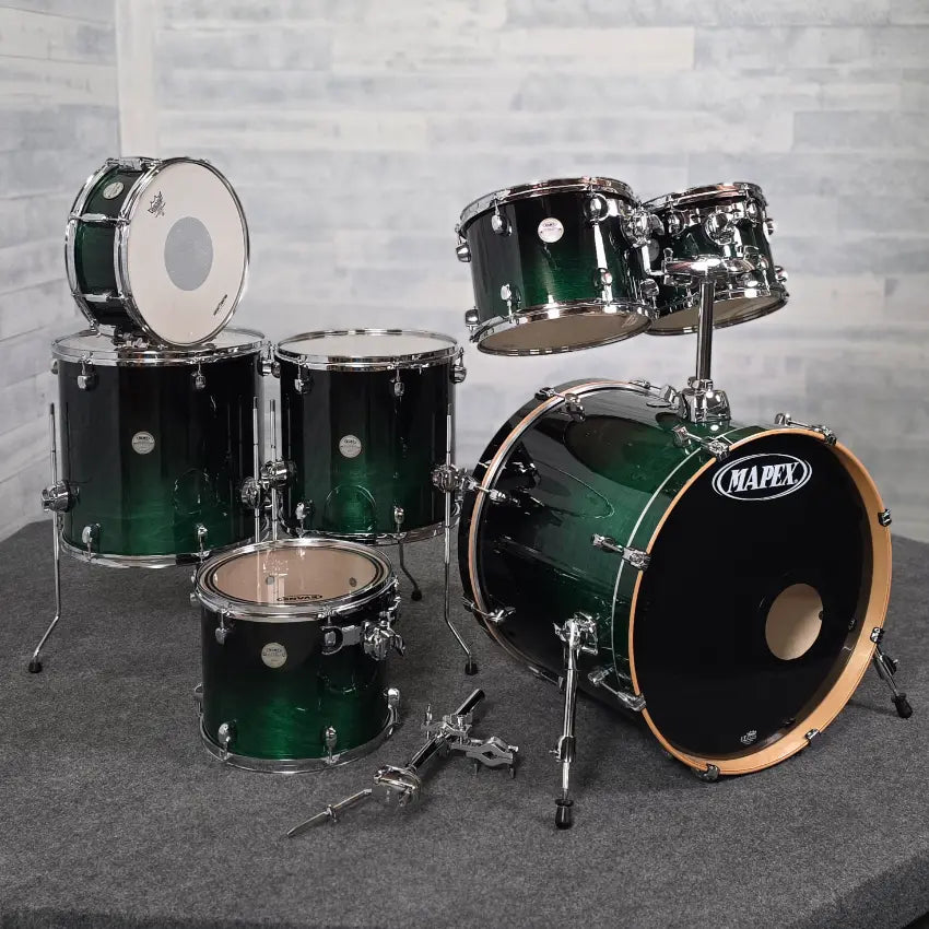 Used Mapex Meridian Birch 7pc Drum Set Black Forest Green Fade Lacquer - Very Good - Drum Center Of Portsmouth