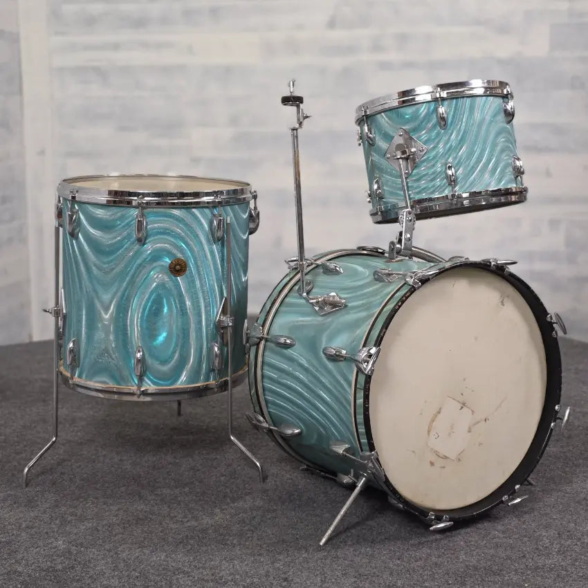 Used Vintage Gretsch '60s Round Badge Drum Set 18/13/16 Aqua Satin Flame - Good - Drum Center Of Portsmouth