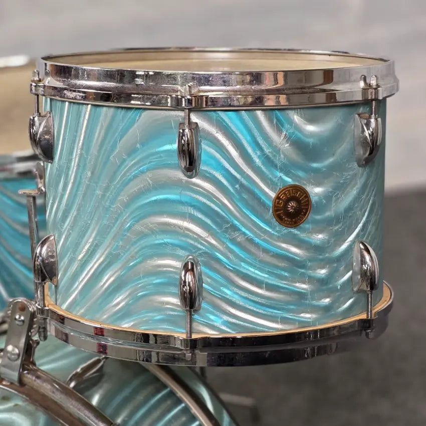 Used Vintage Gretsch '60s Round Badge Drum Set 18/13/16 Aqua Satin Flame - Good - Drum Center Of Portsmouth