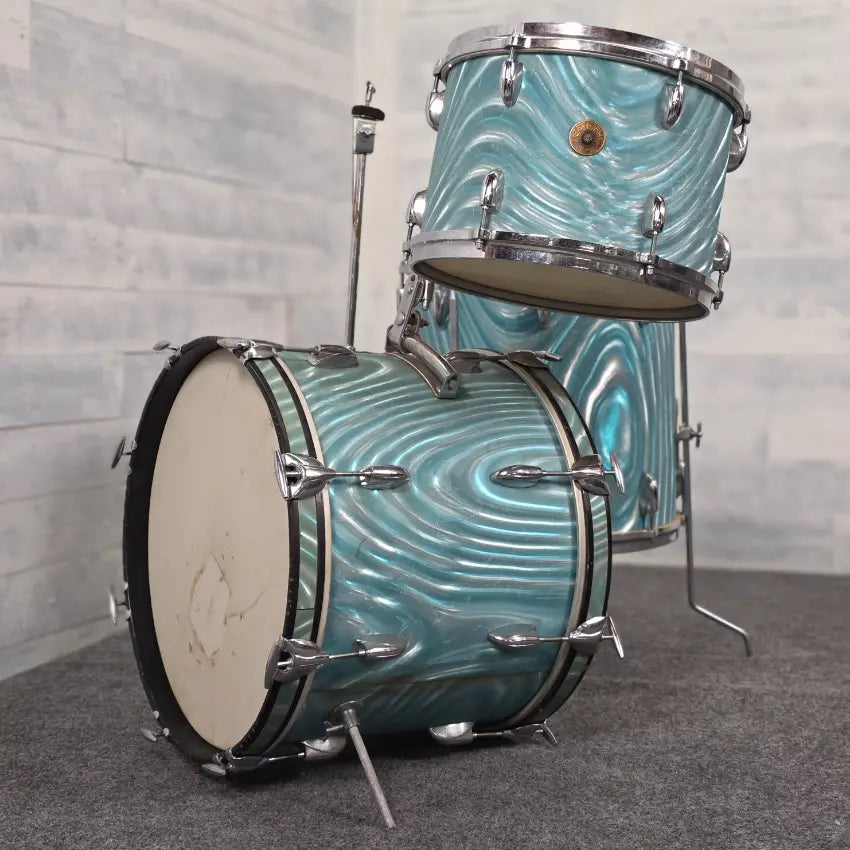 Used Vintage Gretsch '60s Round Badge Drum Set 18/13/16 Aqua Satin Flame - Good - Drum Center Of Portsmouth