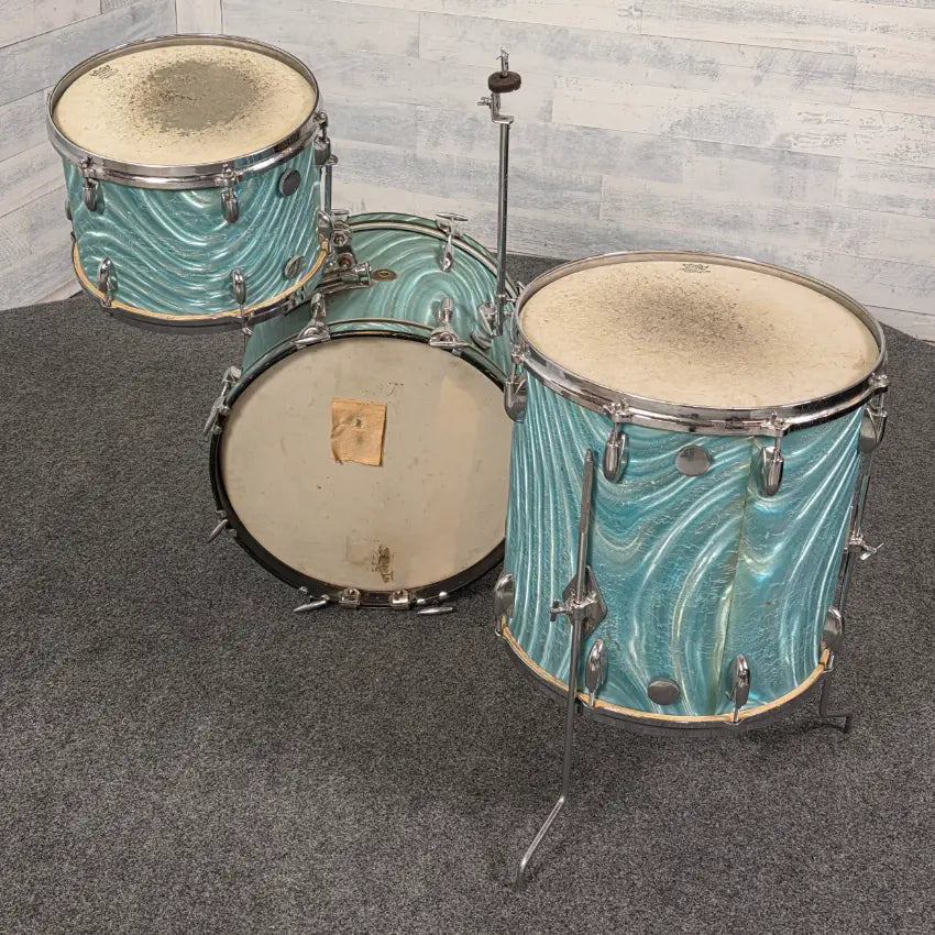 Used Vintage Gretsch '60s Round Badge Drum Set 18/13/16 Aqua Satin Flame - Good - Drum Center Of Portsmouth