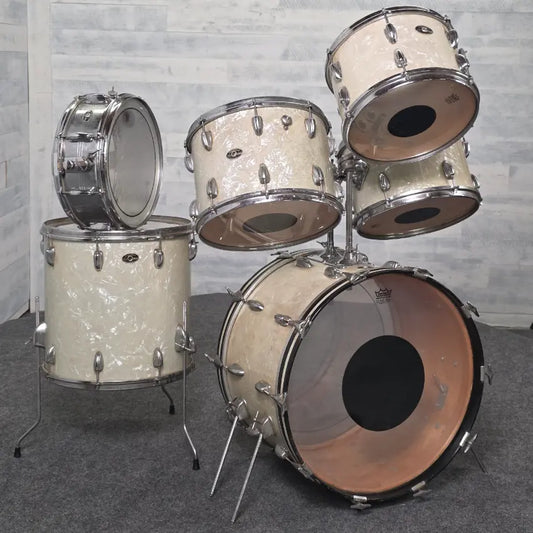 Used Vintage Slingerland Avante 60n 6pc Drum Set White Marine Pearl w/ Slingerland Chrome Over Brass Snare Drum - Good - Drum Center Of Portsmouth