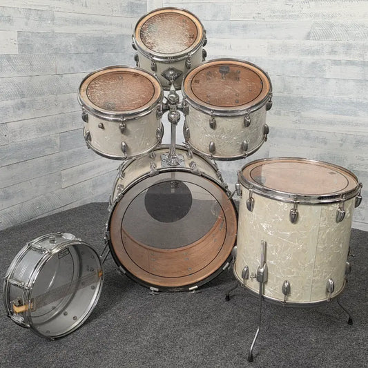 Used Vintage Slingerland Avante 60n 6pc Drum Set White Marine Pearl w/ Slingerland Chrome Over Brass Snare Drum - Good - Drum Center Of Portsmouth