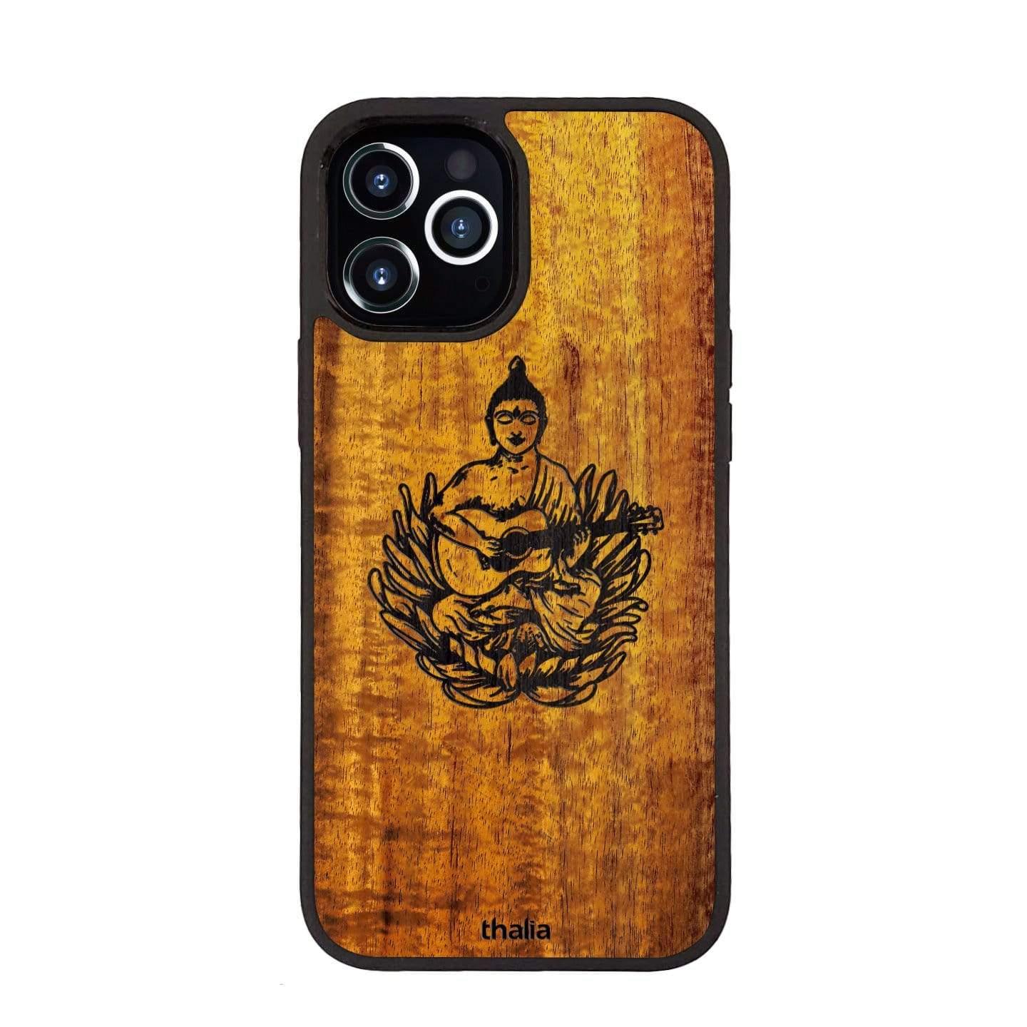 Thalia Hawaiian Koa Wood Case for iPhone 15 Pro | Buddha Playing OM Guitar