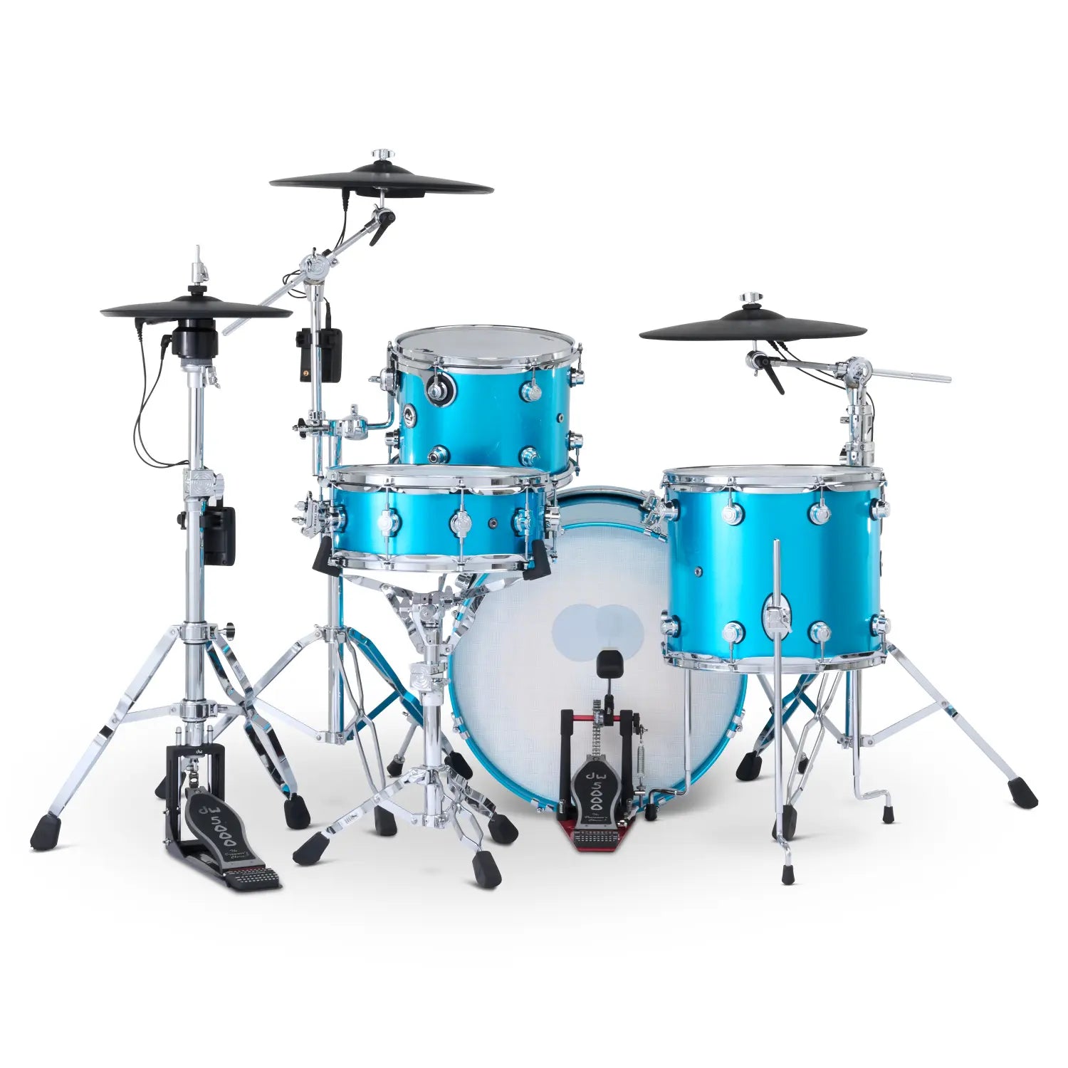 DW DWe 4pc Complete Electronic/Acoustic Drum Set w/Roland Cymbals & V71 Laser Blue Metallic