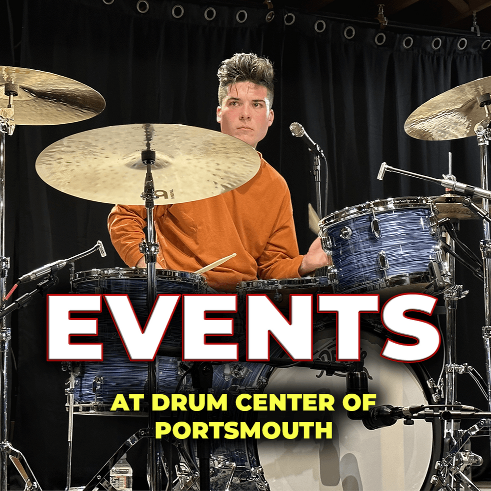 A drummer in an orange shirt plays a blue drum set on stage with black curtains, with large text reading "EVENTS at Drum Center of Portsmouth."