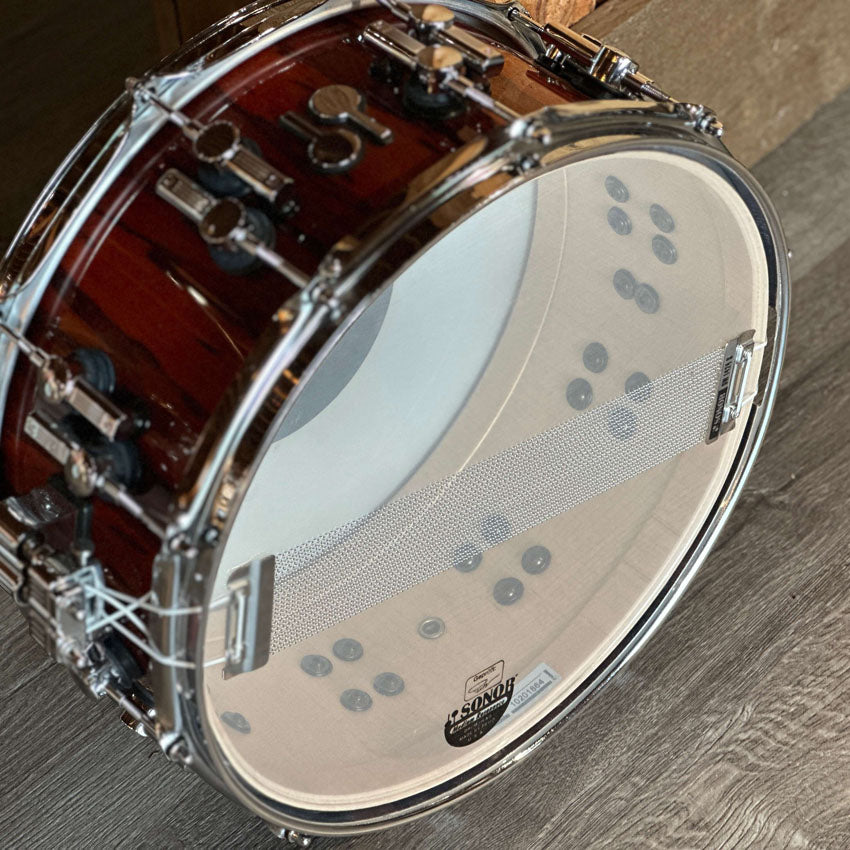 Used Sonor SQ2 Vintage Maple Snare Drum 14x6.5 Red Over African Marble - Excellent - Drum Center Of Portsmouth