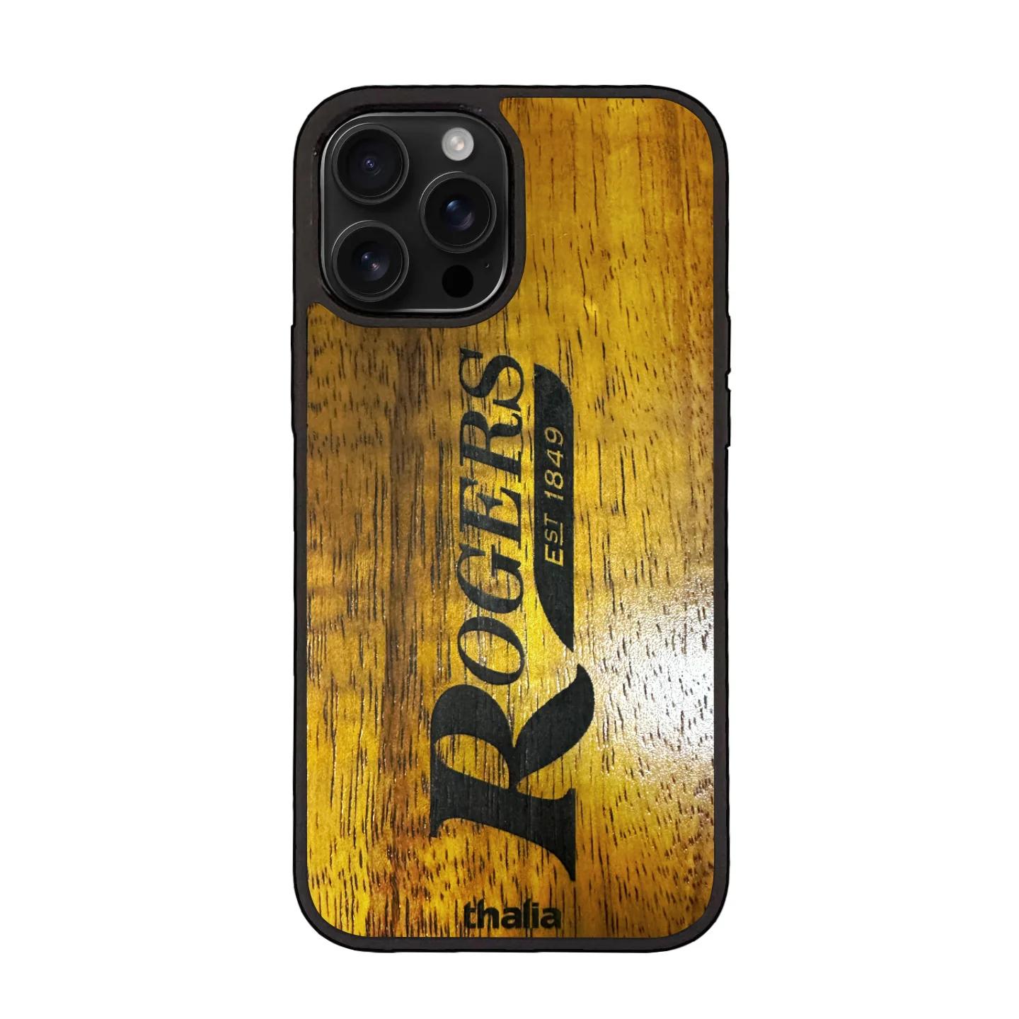 Thalia Rogers Logo Case for iPhone 16 Plus | Vertical Logo, Hawaiian Koa