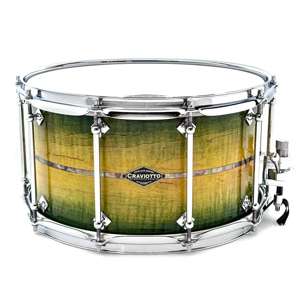 Craviotto Heirloom Flamed Maple Snare Drum 14x8 Green Stain w/Abalone Inlay - Drum Center Of Portsmouth
