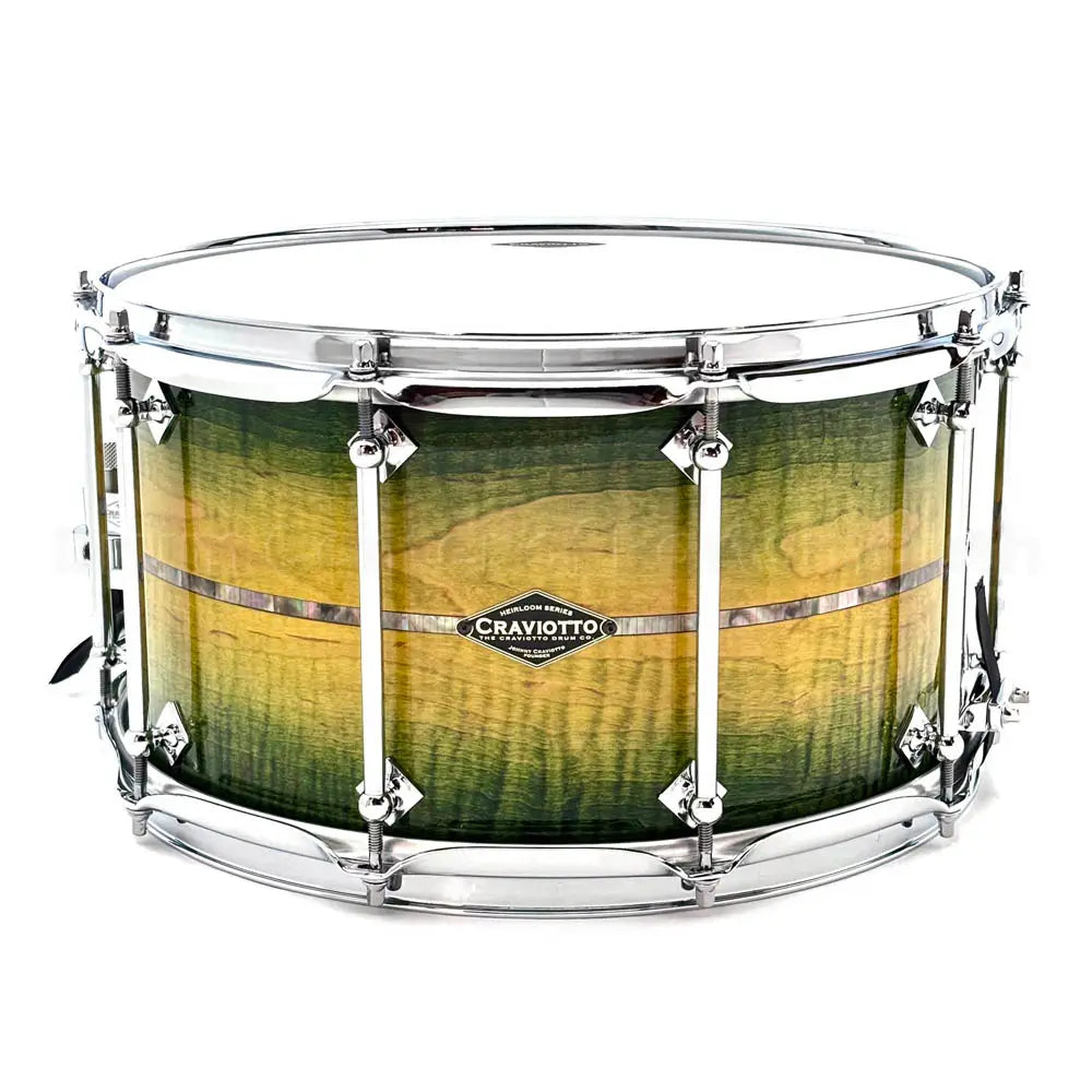 Craviotto Heirloom Flamed Maple Snare Drum 14x8 Green Stain w/Abalone Inlay - Drum Center Of Portsmouth
