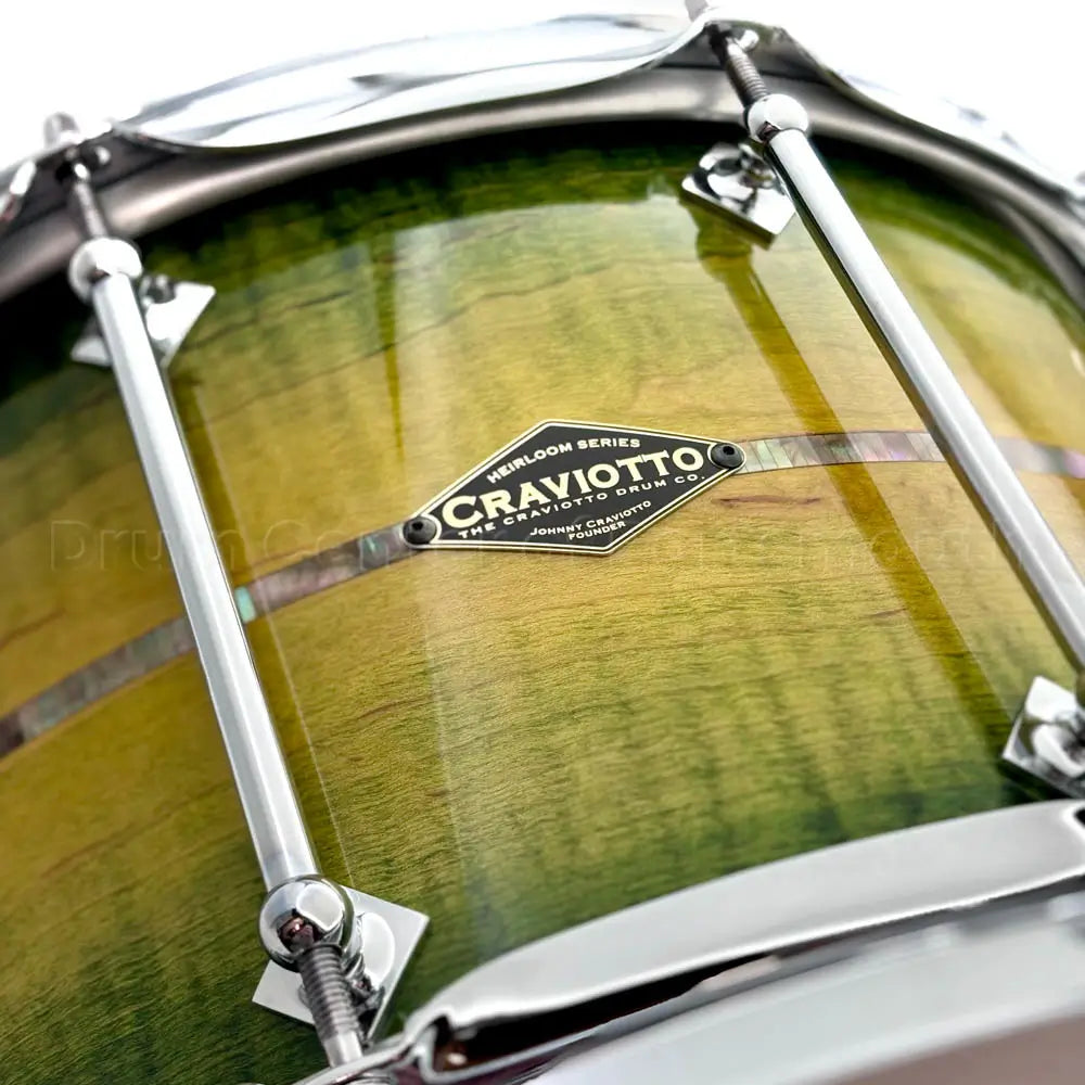 Craviotto Heirloom Flamed Maple Snare Drum 14x8 Green Stain w/Abalone Inlay - Drum Center Of Portsmouth