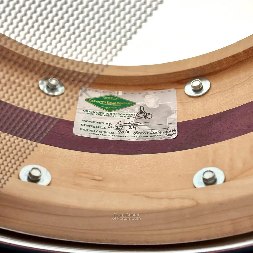 Craviotto 20th Anniversary Curly Maple/Purpleheart Snare Drum 14x6.5 - Drum Center Of Portsmouth