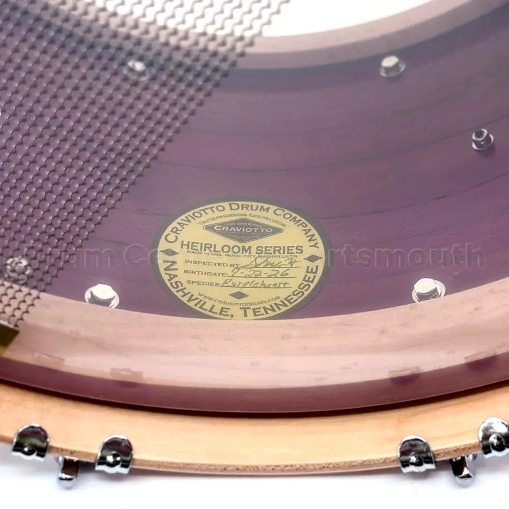 Craviotto Heirloom Purpleheart Snare Drum 14x8 w/Maple Hoops & Abalone Inlays - Drum Center Of Portsmouth