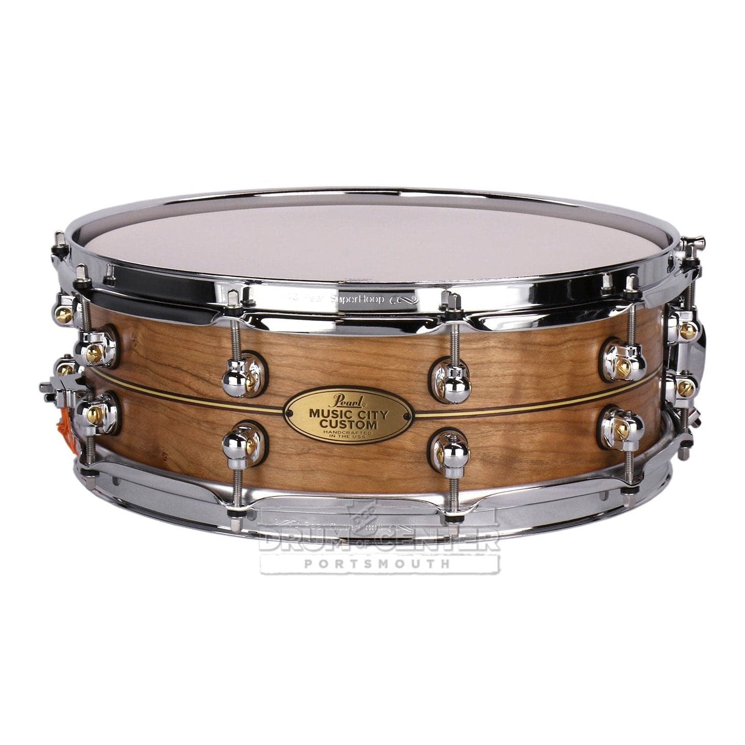 Used Pearl Music City Custom Solid Cherry 14x5 Snare Drum Natural w/Boxwood-Rose Inlay - Drum Center Of Portsmouth